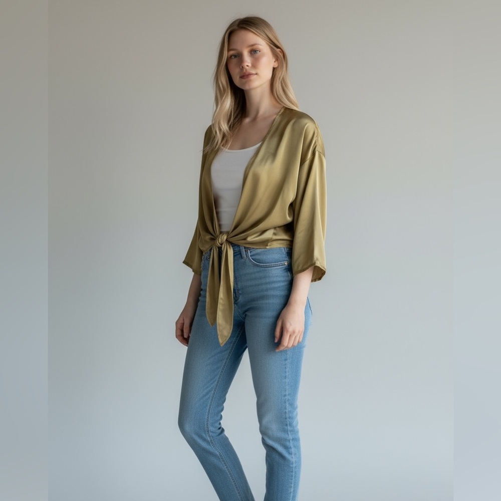 Urban Outfitters Olive Satin Tie-Front Blouse
